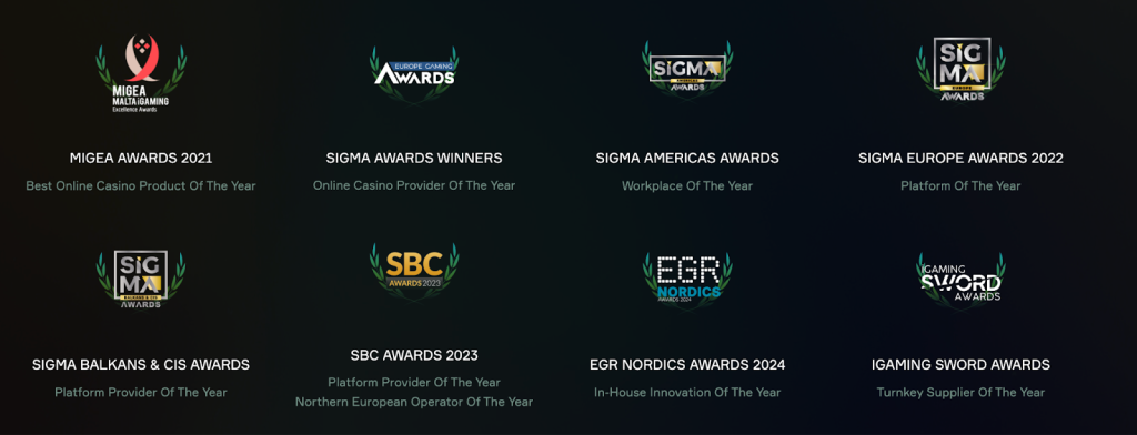 Soft2Bet award highlights including MIGA 2021, SiGMA Europe 2022, SBC Awards 2023, and EGR Nordics 2024 wins.